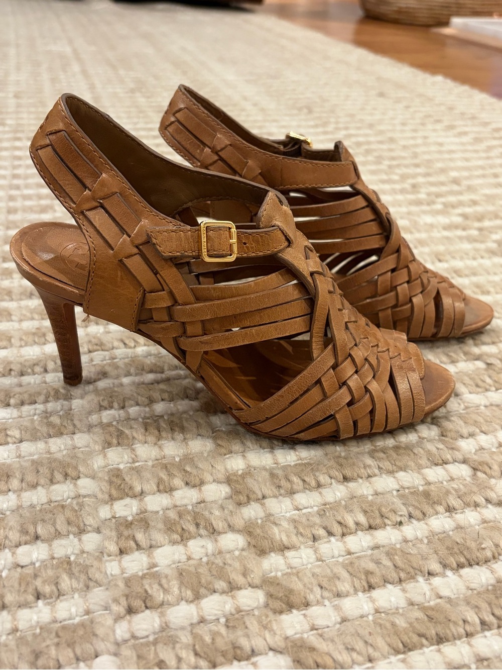 Tory Burch Nadia Braided Leather Slingback Heels in Tan - Size 6.5